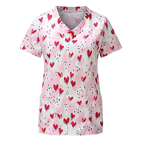 STPT Damen Kasacks Damen Pflege Bunt Motiv Kurzarm Oberhemd Pflege Uniform Cartoon-Tierdruck Mit Motiv V-Ausschnitt Arbeitskleidung Schlupfhemd Kasack Berufsbekleidung Tunika T-Shirts Tops, Rosa, XXL von STPT