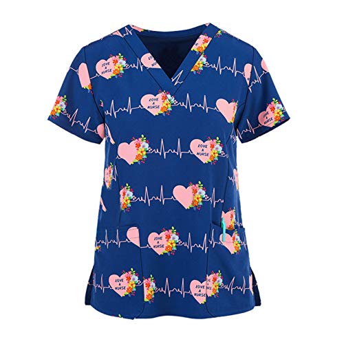 STPT Damen Kasacks Damen Pflege Bunt Motiv Kurzarm Oberhemd Pflege Uniform Cartoon-Tierdruck Mit Motiv V-Ausschnitt Arbeitskleidung Schlupfhemd Kasack Berufsbekleidung Tunika T-Shirts Tops von STPT