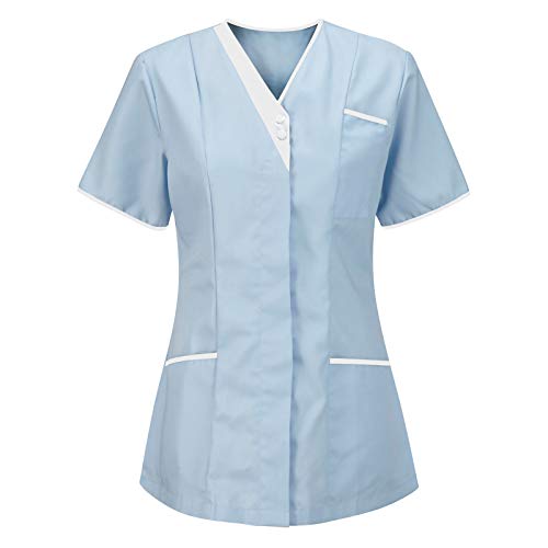 STPT Damen Pflegebekleidung mit Tasche Kurzarm V-Neck Krankenschwester Uniformen Arbeitskleidung Mischgewebe Kasack Krankenpfleger Uniformen Altenpflege Kurzarm Kasacks Damen Pflege, Blau, XL von STPT