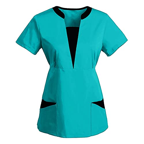 STPT Damen Pflegebekleidung mit Tasche Kurzarm V-Neck Krankenschwester Uniformen Arbeitskleidung Mischgewebe Kasack Krankenpfleger Uniformen Altenpflege Kurzarm Kasacks Damen Pflege von STPT