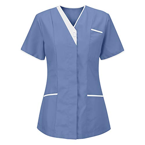 STPT Damen Pflegebekleidung mit Tasche Kurzarm V-Neck Krankenschwester Uniformen Arbeitskleidung Mischgewebe Kasack Krankenpfleger Uniformen Altenpflege Kurzarm Kasacks Damen Pflege von STPT