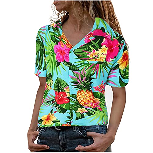 STPT Funky Hawaiibluse Hawaiihemd Damen Kurzarm Fronttasche Hawaii-Print Kleine Blumen Kurzarm Einreiher Hemden mit Umlegekragen Freizeithemden, Grün, L von STPT