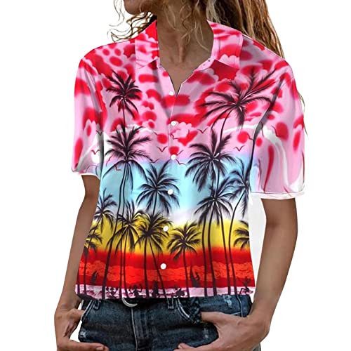 STPT Funky Hawaiibluse Hawaiihemd Damen Lange Ärmel Fronttasche Hawaii-Print Kleine Blumen Kurzarm Einreiher Hemden mit Umlegekragen Freizeithemden von STPT