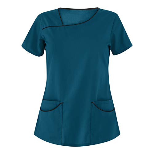 STPT Kasack Damen Einfarbig T-Shirts Pflege große größen Schlupfkasack mit Taschen Kurzarm Unregelmäßiger V-Ausschnitt Schlupfhemd mit Kragen Berufskleidung Krankenpfleger Uniformen, 3XL von STPT