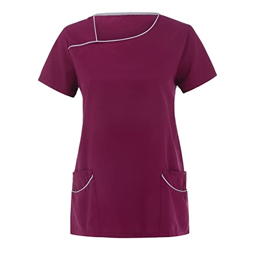 STPT Kasack Damen Einfarbig T-Shirts Pflege große größen Schlupfkasack mit Taschen Kurzarm Unregelmäßiger V-Ausschnitt Schlupfhemd mit Kragen Berufskleidung Krankenpfleger Uniformen, Purple-b, XXL von STPT