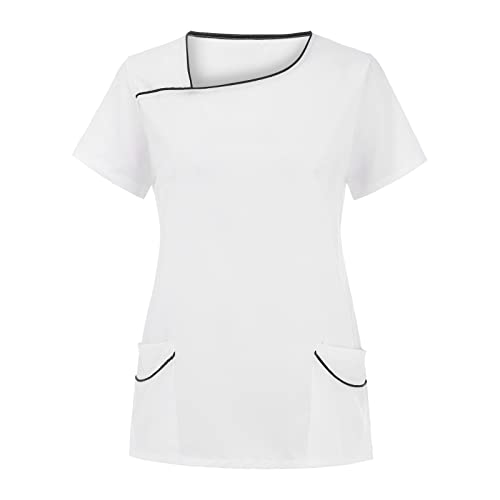 STPT Kasack Damen Einfarbig T-Shirts Pflege große größen Schlupfkasack mit Taschen Kurzarm Unregelmäßiger V-Ausschnitt Schlupfhemd mit Kragen Berufskleidung Krankenpfleger Uniformen, XL von STPT