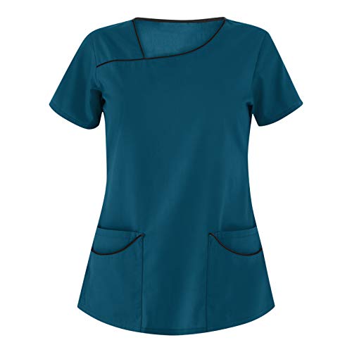 STPT Kasack Damen Einfarbig T-Shirts Pflege große größen Schlupfkasack mit Taschen Kurzarm Unregelmäßiger V-Ausschnitt Schlupfhemd mit Kragen Berufskleidung Krankenpfleger Uniformen von STPT