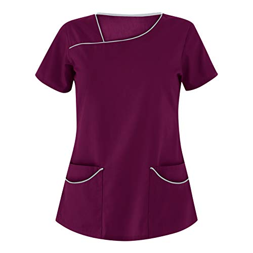 STPT Kasack Damen Einfarbig T-Shirts Pflege Schlupfkasack mit Taschen Kurzarm Unregelmäßiger V-Ausschnitt Schlupfhemd mit Kragen Berufskleidung Krankenpfleger Uniformen, 3XL, Purple-b von STPT