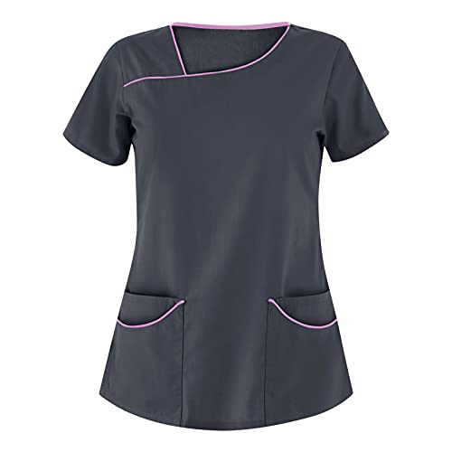 STPT Kasack Damen Einfarbig T-Shirts Pflege große größen Schlupfkasack mit Taschen Kurzarm Unregelmäßiger V-Ausschnitt Schlupfhemd mit Kragen Berufskleidung Krankenpfleger Uniformen, 3XL von STPT