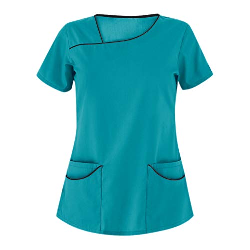 STPT Kasack Damen Einfarbig T-Shirts Pflege große größen Schlupfkasack mit Taschen Kurzarm Unregelmäßiger V-Ausschnitt Schlupfhemd mit Kragen Berufskleidung Krankenpfleger Uniformen, Grün, 3XL von STPT