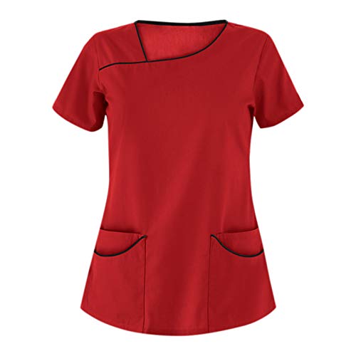 STPT Kasack Damen Einfarbig T-Shirts Pflege große größen Schlupfkasack mit Taschen Kurzarm Unregelmäßiger V-Ausschnitt Schlupfhemd mit Kragen Berufskleidung Krankenpfleger Uniformen, Rot, M von STPT
