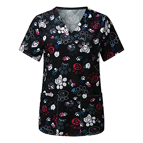 STPT Kasack Damen Pflege Motiv große größen mit Motiv Weihnachten T-Shirt Schlupfkasack mit Taschen Kurzarm V-Ausschnitt Schlupfhemd Berufskleidung Krankenpfleger Uniformen Nurse, 3XL von STPT