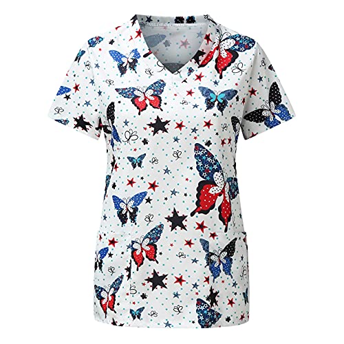 STPT Kasack Damen Pflege Motiv große größen mit Weihnachten T-Shirt Schlupfkasack Taschen Kurzarm V-Ausschnitt Schlupfhemd Berufskleidung Krankenpfleger Uniformen Nurse, Multicolor_02, L von STPT