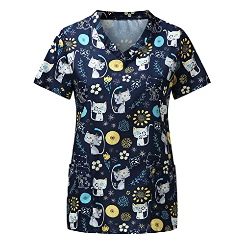 STPT Kasack Damen Pflege Motiv mit Motiv Weihnachten T-Shirt Schlupfkasack mit Taschen Kurzarm V-Ausschnitt Schlupfhemd Berufskleidung Krankenpfleger Uniformen Nurse, XXL, Multicolor_03 von STPT