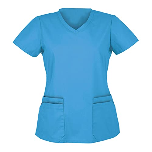 STPT Kasacks Damen Pflege Einfarbig Damen Pflege Tunika Kurzarm Schlupfkasack Arbeitsuniform V-Ausschnitt Kurzarm Pflege Kasack Schlupfhemd Berufskleidung Bluse mit Taschen, Light Blue-a, 3XL von STPT