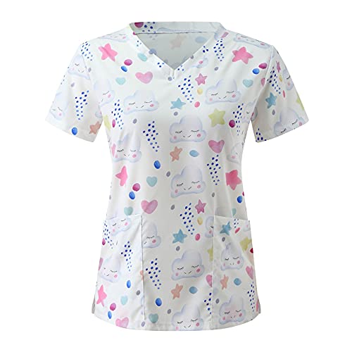 STPT Kasacks Damen Pflege Tunika Kurzarm Schlupfkasack Arbeitsuniform V-Ausschnitt Kurzarm Regenbogenwolkendruck Pflege Kasack Schlupfhemd Berufskleidung Bluse mit 2 Taschen, Multicolor-10, 3XL von STPT