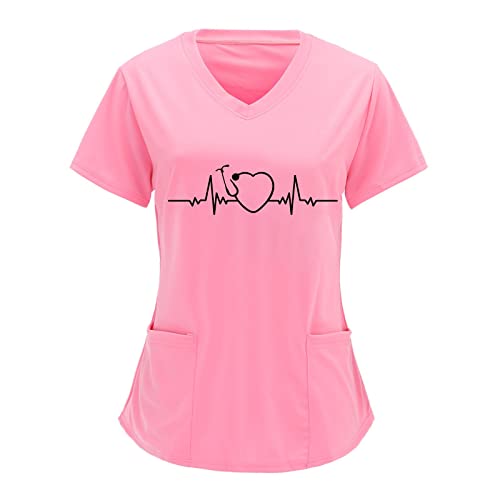 STPT Schlupfhemd Berufskleidung Krankenpflege Uniform T-Shirt Uniformen Arbeitskleidung EKG-Herz Motiv Schlupfkasack Damen Pflege Große Größen Kurzarm V-Ausschnitt kasacks Damen Pflege Motiv von STPT