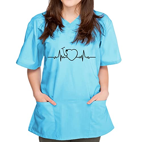 STPT Schlupfhemd Berufskleidung Krankenpflege Uniform T-Shirt Uniformen Arbeitskleidung EKG-Herz Motiv Schlupfkasack Damen Pflege Große Größen Kurzarm V-Ausschnitt kasacks Damen Pflege Motiv von STPT