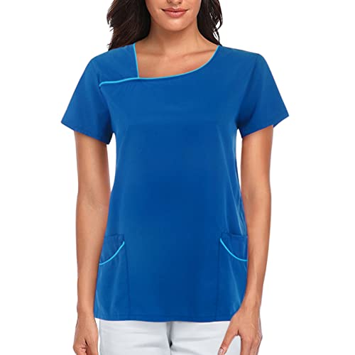 STPT Schlupfhemd Bluse Kurzarm V-Ausschnitt Kasack Damen Pflege Liebe Motiv Einfarbig Uniform Berufsbekleidung Krankenschwester Kleidung Damen Pflege Kasack GroßE GrößEn Uniformen, M, Blau von STPT