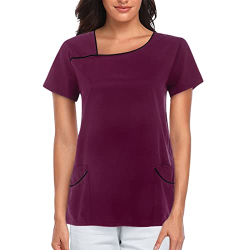 STPT Schlupfhemd Bluse Kurzarm V-Ausschnitt Kasack Damen Pflege Liebe Motiv Einfarbig Uniform Berufsbekleidung Krankenschwester Kleidung Damen Pflege Kasack GroßE GrößEn Uniformen, Lila, 3XL von STPT