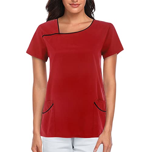 STPT Schlupfhemd Bluse Kurzarm V-Ausschnitt Kasack Damen Pflege Liebe Motiv Einfarbig Uniform Berufsbekleidung Krankenschwester Kleidung Damen Pflege Kasack GroßE GrößEn Uniformen, Rot, 3XL von STPT