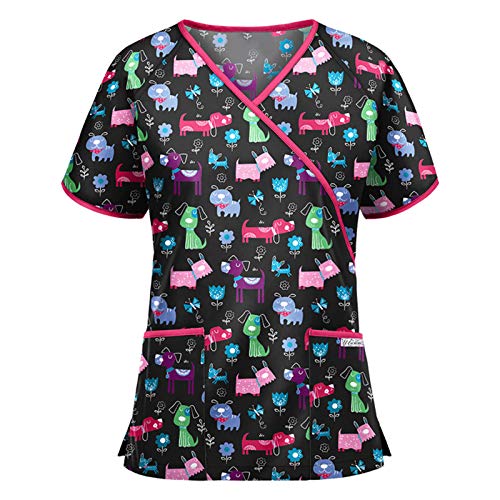 STPT Schlupfhemd Bluse Kurzarm V-Neck Kasack Damen Pflege mit Karikatur Motiv und Taschen Uniform Berufsbekleidung Krankenschwester Kleidung Schlupfkasack Uniformen, 3XL von STPT