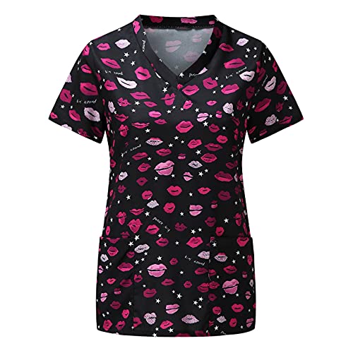 STPT Schlupfhemd Bluse Kurzarm V-Neck Kasack Damen Pflege mit Karikatur Motiv und Taschen Uniform Berufsbekleidung Krankenschwester Kleidung Schlupfkasack Uniformen, 3XL von STPT