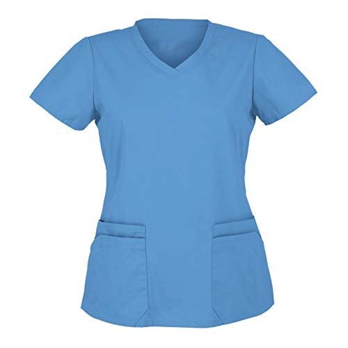 STPT Schlupfhemd Bluse Kurzarm V-Neck Kasack Damen Pflege mit Karikatur Motiv und Taschen Uniform Berufsbekleidung Krankenschwester Kleidung Schlupfkasack Uniformen, M, Blue#14 von STPT