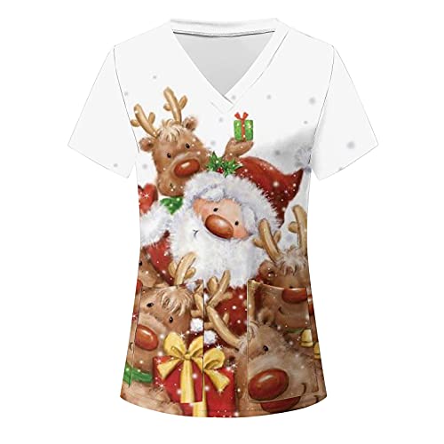 STPT Schlupfhemd Bluse Kurzarm V-Neck Kasack Damen Pflege mit Karikatur Motiv und Taschen Uniform Berufsbekleidung Krankenschwester Kleidung Schlupfkasack Uniformen, M, White#17 von STPT