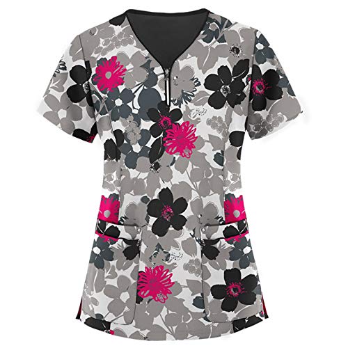 STPT Schlupfhemd Bluse Kurzarm V-Neck Kasack Damen Pflege mit Karikatur Motiv und Taschen Uniform Berufsbekleidung Krankenschwester Kleidung Schlupfkasack Uniformen, M von STPT