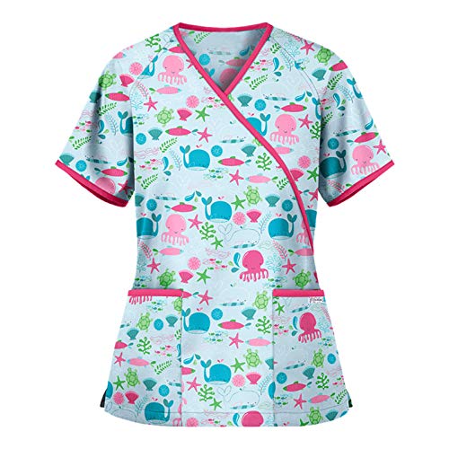 STPT Schlupfhemd Bluse Kurzarm V-Neck Kasack Damen Pflege mit Karikatur Motiv und Taschen Uniform Berufsbekleidung Krankenschwester Kleidung Schlupfkasack Uniformen, Mint Green-d, M von STPT