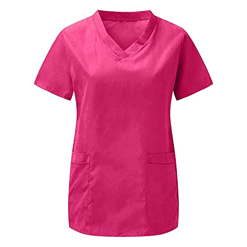 STPT Schlupfhemd Bluse Kurzarm V-Neck Kasack Damen Pflege mit Karikatur Motiv und Taschen Uniform Berufsbekleidung Krankenschwester Kleidung Schlupfkasack Uniformen, Pink#18, XXL von STPT