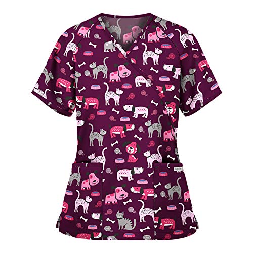 STPT Schlupfhemd Bluse Kurzarm V-Neck Kasack Damen Pflege mit Karikatur Motiv und Taschen Uniform Berufsbekleidung Krankenschwester Kleidung Schlupfkasack Uniformen, Purple-d, 3XL von STPT