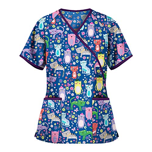 STPT Schlupfhemd Bluse Kurzarm V-Neck Kasack Damen Pflege mit Karikatur Motiv und Taschen Uniform Berufsbekleidung Krankenschwester Kleidung Schlupfkasack Uniformen, XL von STPT