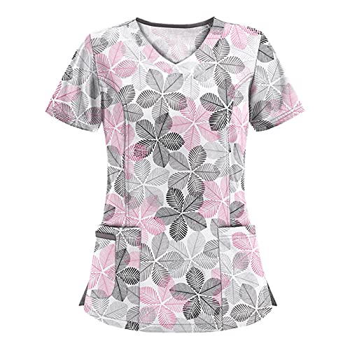 STPT Schlupfhemd Bluse Kurzarm V-Neck Kasack Damen Pflege mit Karikatur Motiv und Taschen Uniform Berufsbekleidung Krankenschwester Kleidung Schlupfkasack Uniformen, XL von STPT