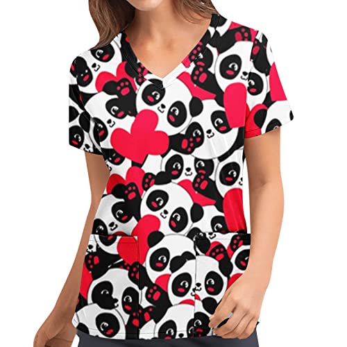 STPT Schlupfhemd Bluse Kurzarm V-Neck Kasack Damen Pflege mit Karikatur Motiv und Taschen Uniform Berufsbekleidung Krankenschwester Kleidung Schlupfkasack Uniformen von STPT