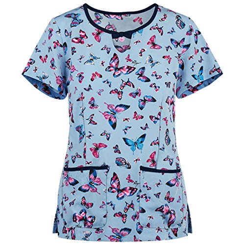 STPT Schlupfhemd Bluse Kurzarm V-Neck Kasack Damen Pflege mit Karikatur Motiv und Taschen Uniform Berufsbekleidung Krankenschwester Kleidung Schlupfkasack Uniformen von STPT