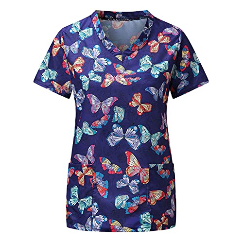 STPT Schlupfhemd Bluse Kurzarm V-Neck Kasack Damen Pflege mit Karikatur Motiv und Taschen Uniform Berufsbekleidung Krankenschwester Kleidung Schlupfkasack Uniformen von STPT