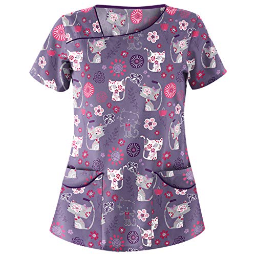 STPT Schlupfhemd Bluse Kurzarm V-Neck Kasack Damen Pflege mit Karikatur Motiv und Taschen Uniform Berufsbekleidung Krankenschwester Kleidung Schlupfkasack Uniformen, Purple-b, XXL von STPT