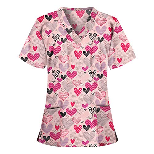 STPT Schlupfhemd Bluse Kurzarm V-Neck Kasack Damen Pflege mit Karikatur Motiv und Taschen Uniform Berufsbekleidung Krankenschwester Kleidung Schlupfkasack Uniformen, Rosa, 3XL von STPT