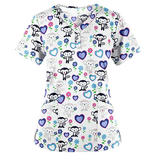 STPT Schlupfhemd Bluse Kurzarm V-Neck Kasack Damen Pflege mit Karikatur Motiv und Taschen Uniform Berufsbekleidung Krankenschwester Kleidung Schlupfkasack Uniformen, Weiß, 3XL von STPT