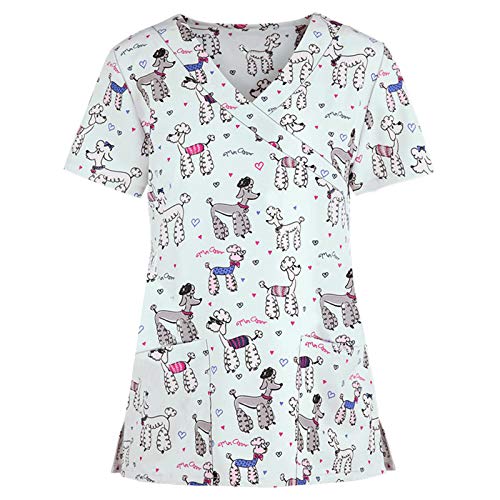 STPT Schlupfhemd Bluse Kurzarm V-Neck Kasack Damen Pflege mit Karikatur Motiv und Taschen Uniform Berufsbekleidung Krankenschwester Kleidung Schlupfkasack Uniformen von STPT