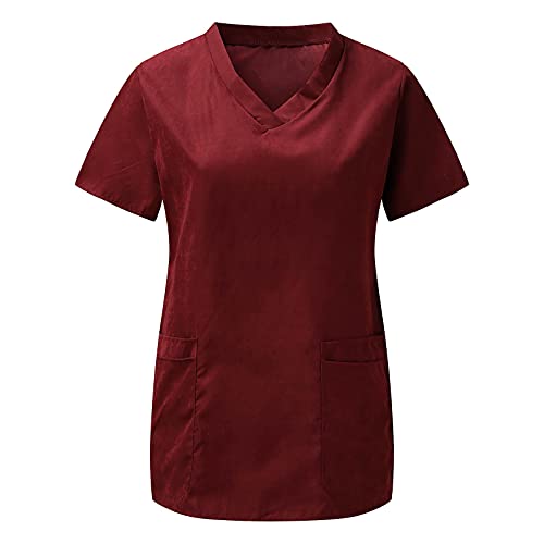 STPT Schlupfhemd Bluse Kurzarm V-Neck Kasack Damen Pflege mit Karikatur Motiv und Taschen Uniform Berufsbekleidung Krankenschwester Kleidung Schlupfkasack Uniformen, XXL, Wine#19 von STPT