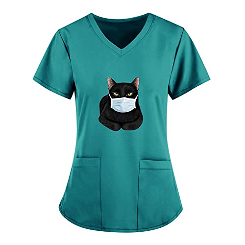 STPT Schlupfkasack Unisex - Damen Pflege Kasacks V-Ausschnitt Schlupfhemd mit Katze Motive Bedruckt - Katzemuster Kurzarm T-Shirt Tops - Arbeitskleidung Kleidung mit Taschen Berufsbekleidung, M, Blau von STPT