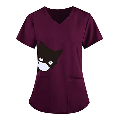 STPT Schlupfkasack Unisex - Damen Pflege Kasacks V-Ausschnitt Schlupfhemd mit Katze Motive Bedruckt - Katzemuster Kurzarm T-Shirt Tops - Arbeitskleidung Kleidung mit Taschen Berufsbekleidung, S von STPT