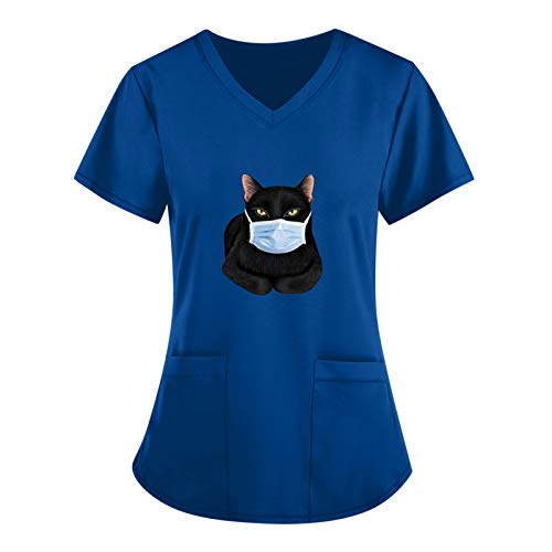 STPT Schlupfkasack Unisex - Damen Pflege Kasacks V-Ausschnitt Schlupfhemd mit Katze Motive Bedruckt - Katzemuster Kurzarm T-Shirt Tops - Arbeitskleidung Taschen Berufsbekleidung, Dark Blue, M von STPT