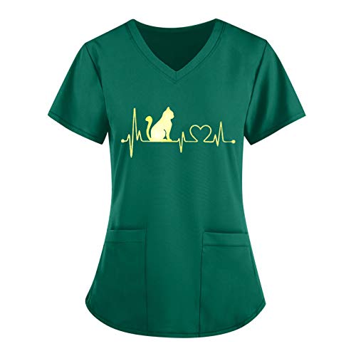 STPT Schlupfkasack Unisex - Damen Pflege Kasacks V-Ausschnitt Schlupfhemd mit Katze Motive Bedruckt - Katzemuster Kurzarm T-Shirt Tops - Arbeitskleidung Kleidung Taschen Berufsbekleidung, Green-c, XL von STPT