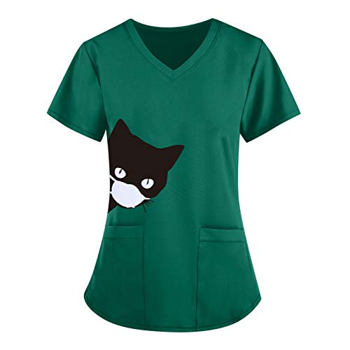 STPT Schlupfkasack Unisex - Damen Pflege Kasacks V-Ausschnitt Schlupfhemd mit Katze Motive Bedruckt - Katzemuster Kurzarm T-Shirt Tops - Arbeitskleidung Kleidung mit Taschen Berufsbekleidung von STPT