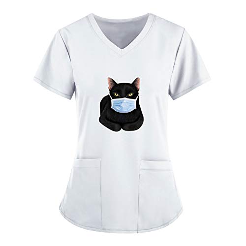 STPT Schlupfkasack Unisex - Damen Pflege Kasacks V-Ausschnitt Schlupfhemd mit Katze Motive Bedruckt - Katzemuster Kurzarm T-Shirt Tops - Arbeitskleidung Kleidung mit Taschen Berufsbekleidung, Weiß, M von STPT