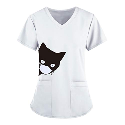 STPT Schlupfkasack Unisex - Damen Pflege Kasacks V-Ausschnitt Schlupfhemd mit Katze Motive Bedruckt - Katzemuster Kurzarm T-Shirt Tops - Arbeitskleidung Kleidung mit Taschen Berufsbekleidung von STPT